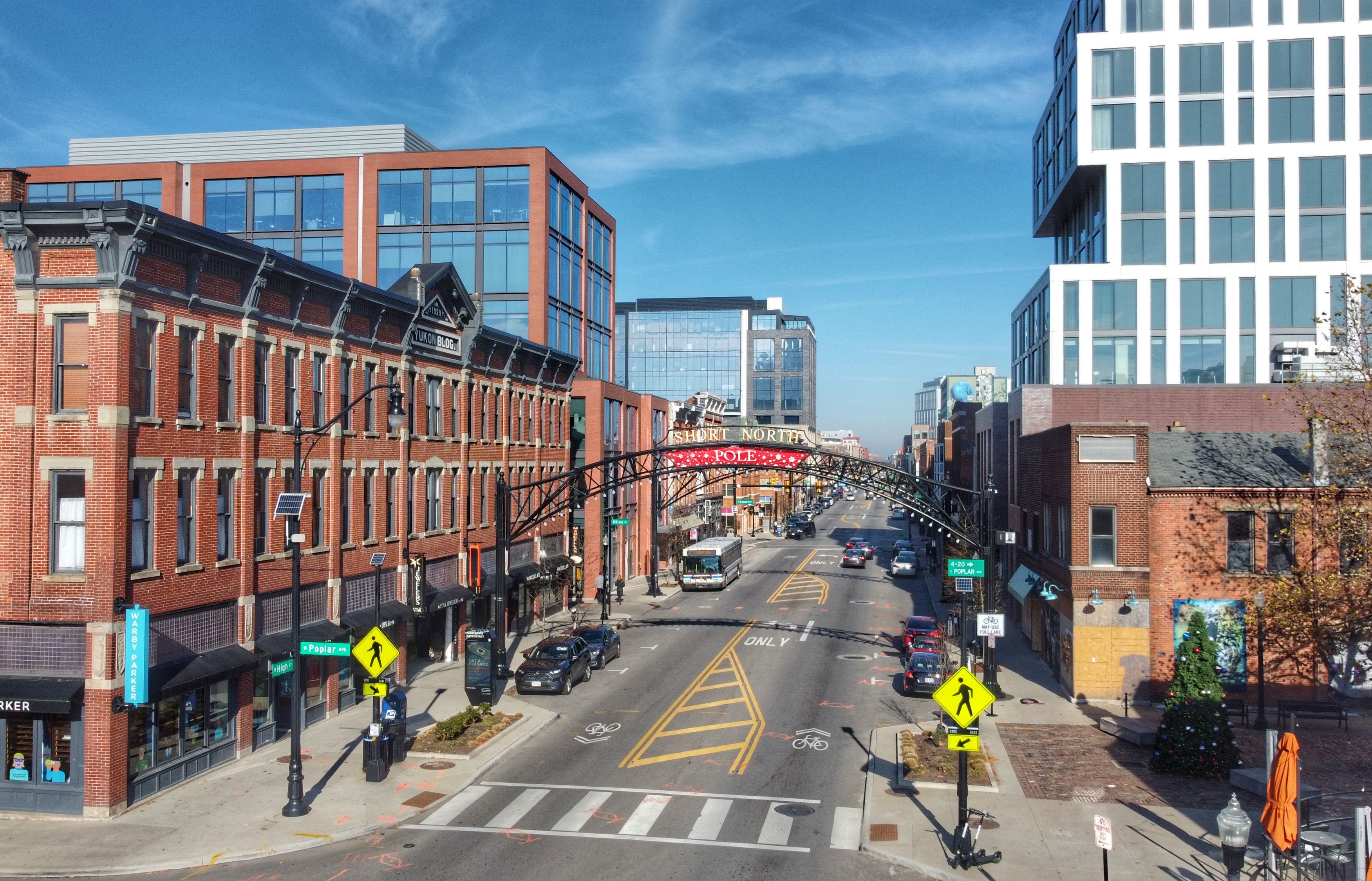 downtown Columbus Ohio street with buildings and traffic