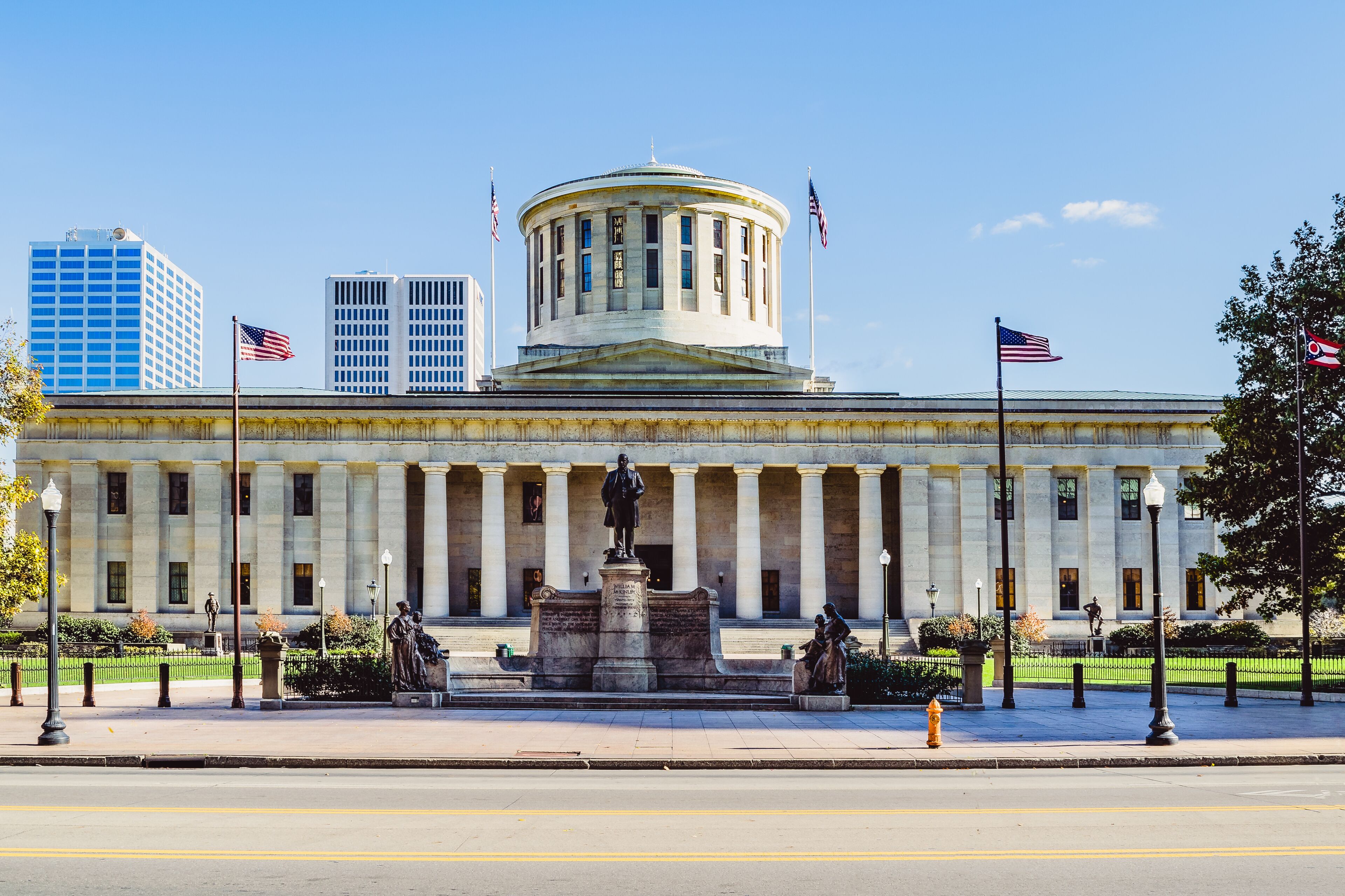 Ohio Statehouse dome seen from Capitol Square lawn